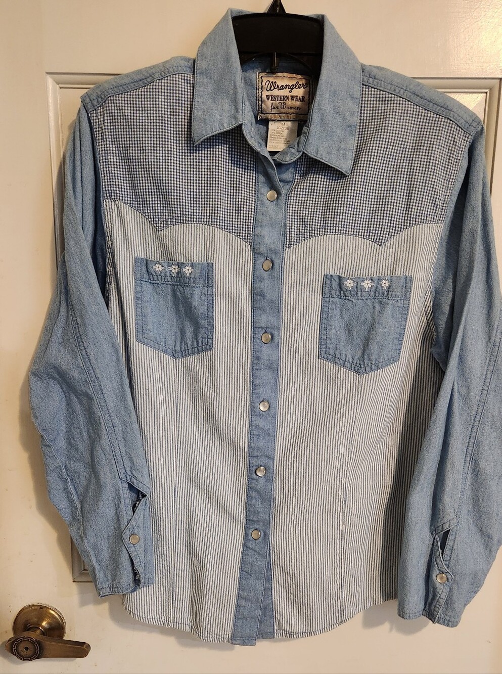 Vintage Wrangler Light Blue Mixed-Pattern Western Button-Down Shirt, Size M